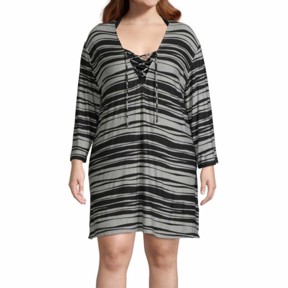 2X & 3X Porto Cruz Striped Swimsuit Cover-…